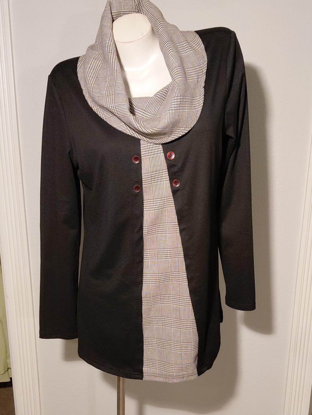 Emery Rose Black Tunic Top w/ Plaid Cowl Neck